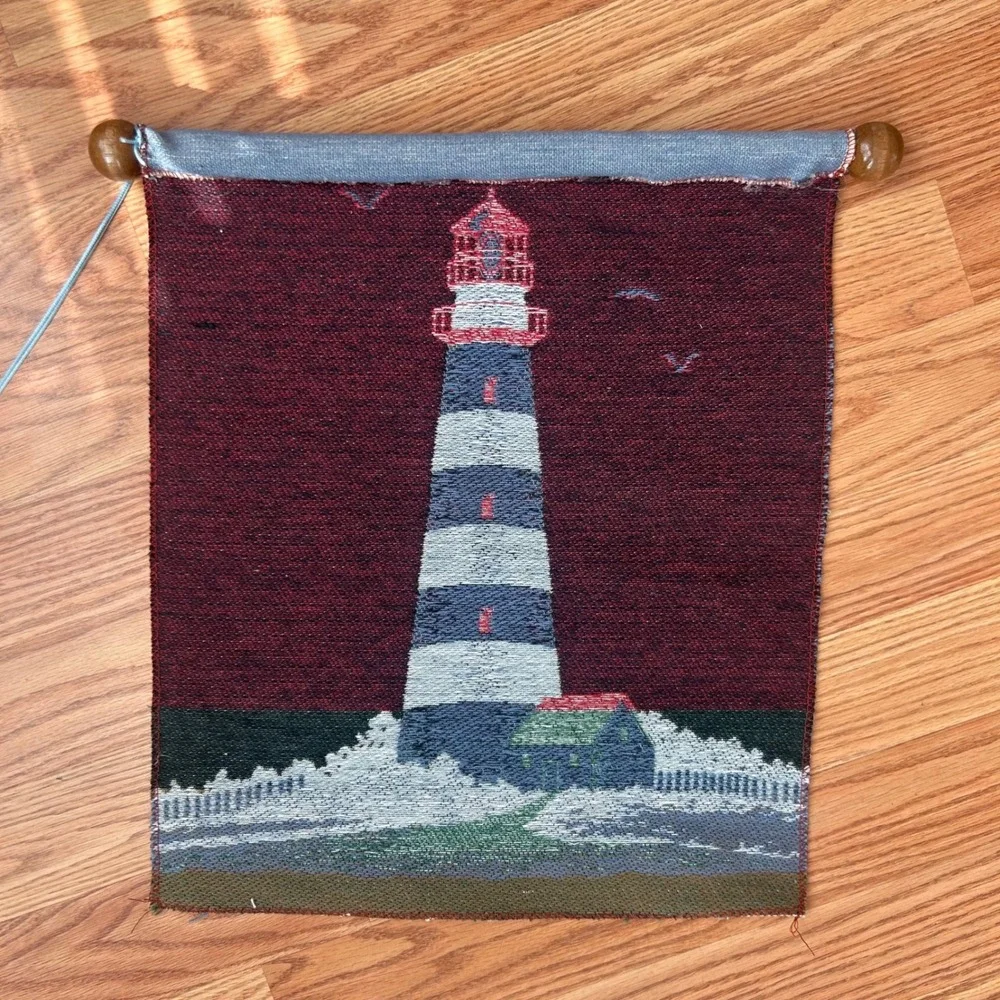 Vintage Woven Lighthouse Tapestry Wall Hanging Coastal Nautical Decor Wood Rod